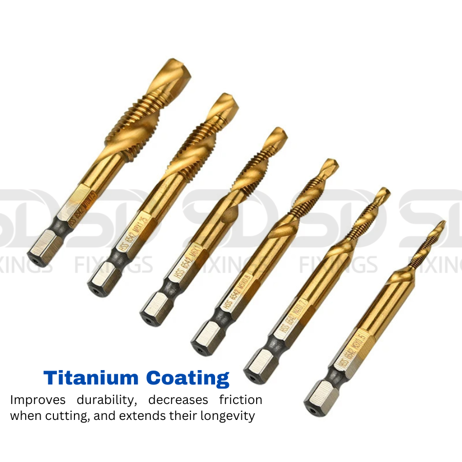 M3-M10 Spiral Tap Drill Bit Hex Shank Titanium Coated HSS
