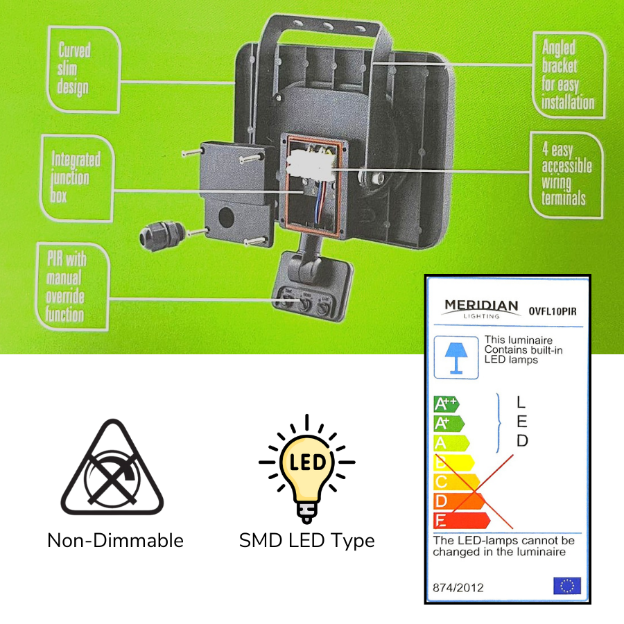 10W LED Slim Curved Floodlight with PIR & Integrated Junction Box – 800Lm, 6500K