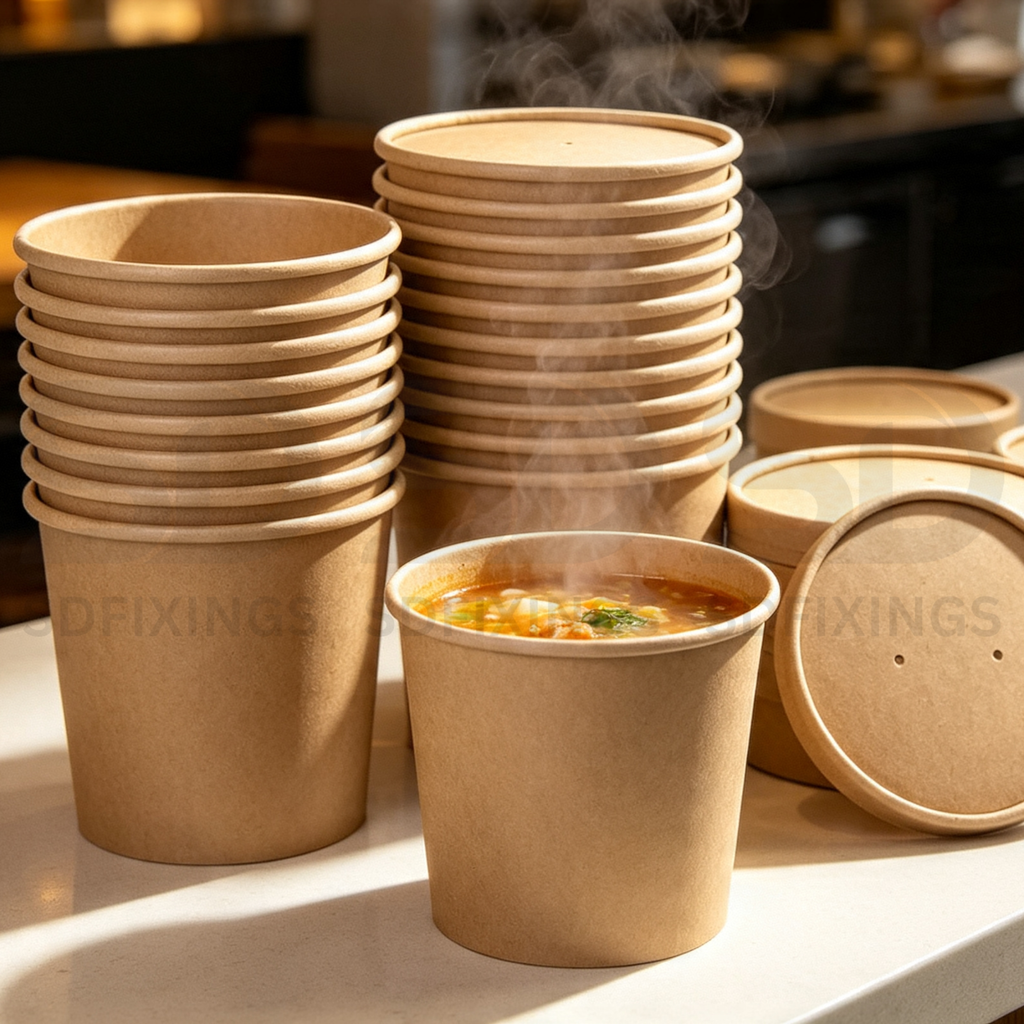 Disposable Brown Kraft Soup Cups with Lid | 8oz / 230ml Soup Bowls