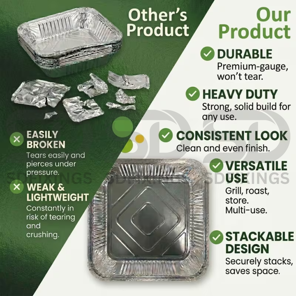 Deep Square Aluminum Foil Containers with Lids, 9 x 9 x 2 Inch (24.5x24.5x5.5cm)