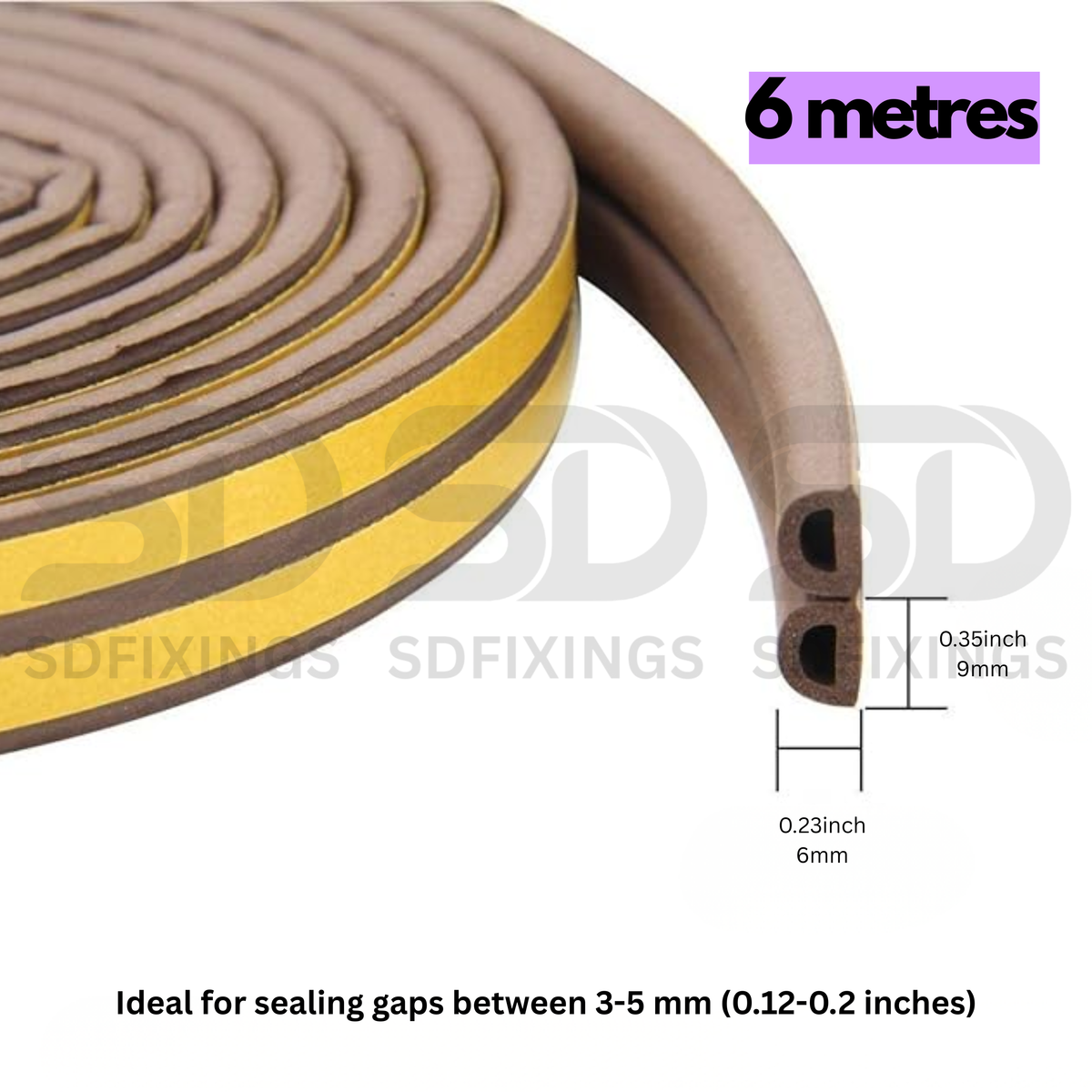Brown Self-Adhesive Draught Excluder Tape 9 x 6mm x 6M