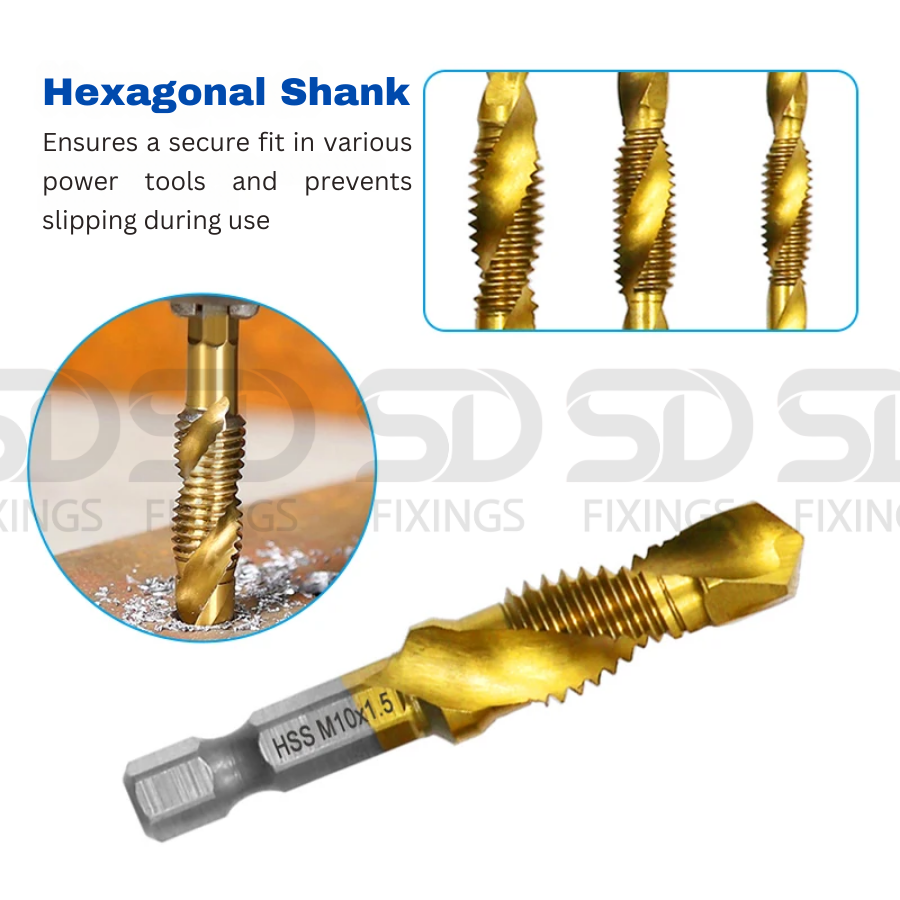 M3-M10 Spiral Tap Drill Bit Hex Shank Titanium Coated HSS