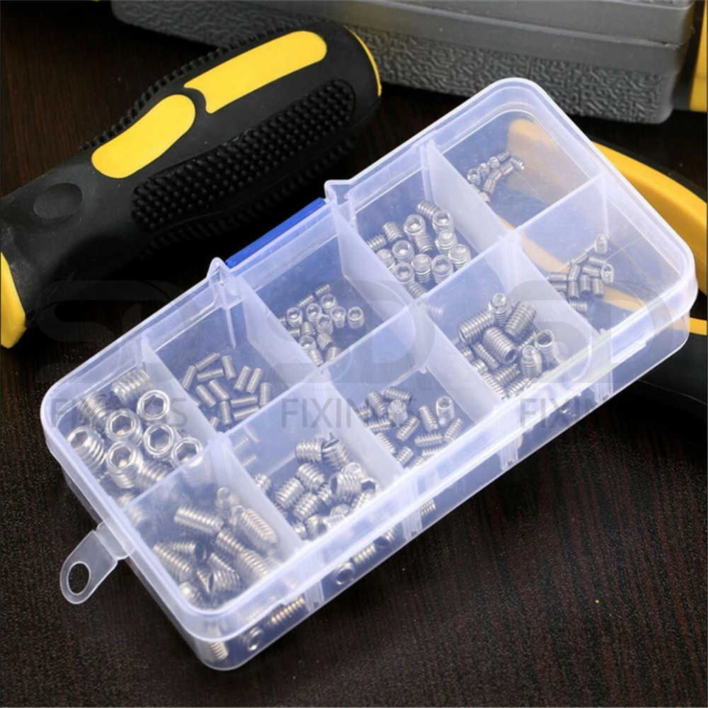 SDFIXINGS 200 Pcs Grub Screws Mixed Stainless Steel Cone Point Screws – M3, M4, M5, M6, M8 Hex Socket Thread Screw Assortment Kit with Storage Box
