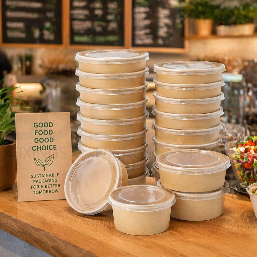 1000ml Kraft Paper Food Bowls with Clear Lids – Pack of 50
