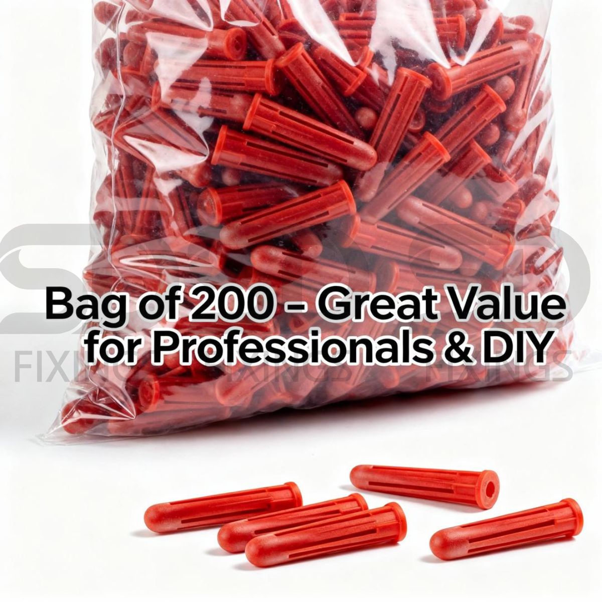 Red Expansion Plugs (Bag of 200) – Wall Fixings for 6–10mm Screws | Heavy-Duty Rawl Plugs for Masonry, Brick & Concrete