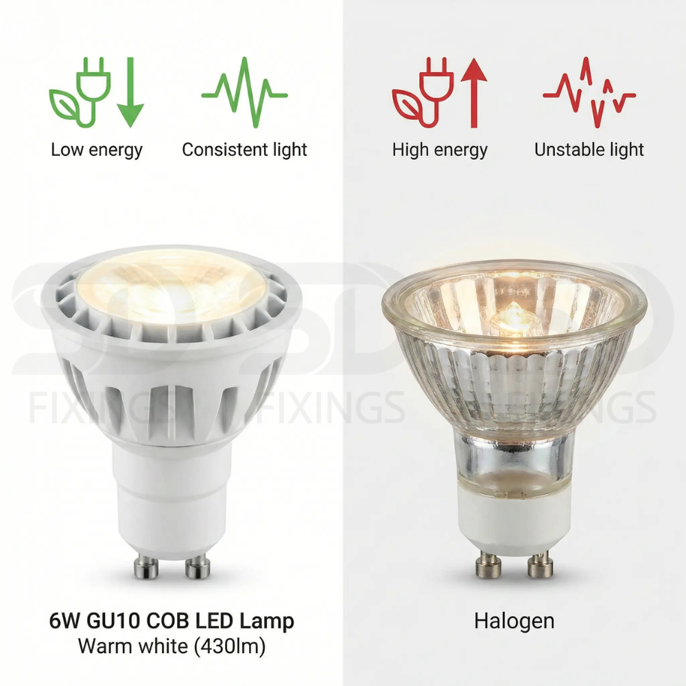 6W GU10 LED Spotlight Bulb, 3000K Warm White, Non-Dimmable COB LED with Lens Diffuser, AC175–250V – Meridian Lighting