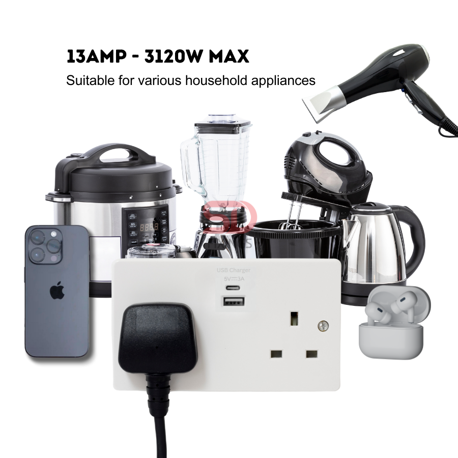 13A Double Switched Mains Socket with USB Charging, 2 Gang ?cludes-1-x-usb-a-and-1-x-usb-c-portsixtur