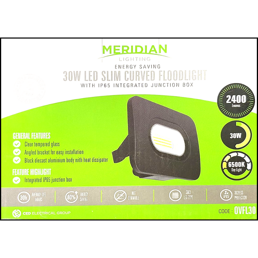 30W LED Slim Curved Floodlight with IP65 Integrated Junction Box – 2400Lm, 6500K