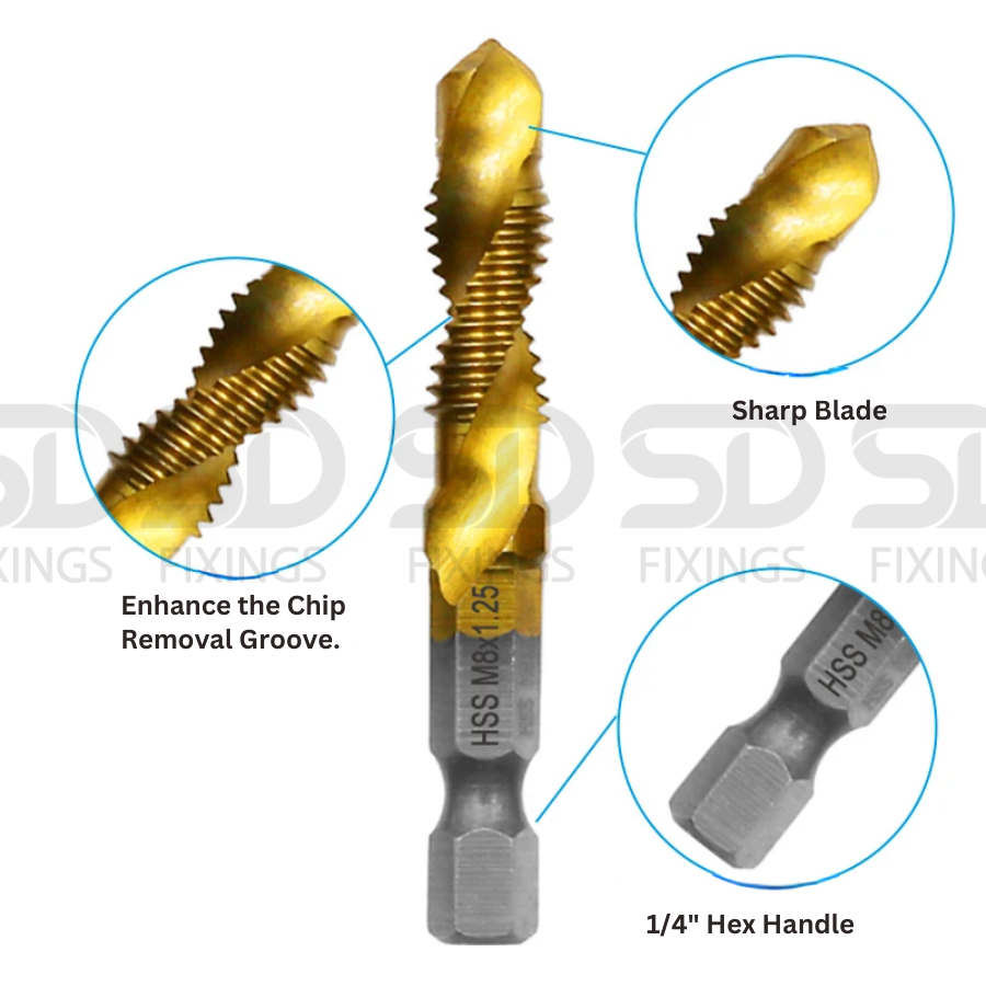 M3-M10 Spiral Tap Drill Bit Hex Shank Titanium Coated HSS