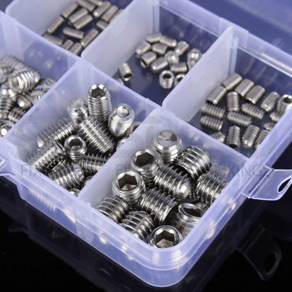 SDFIXINGS 200 Pcs Grub Screws Mixed Stainless Steel Cone Point Screws – M3, M4, M5, M6, M8 Hex Socket Thread Screw Assortment Kit with Storage Box