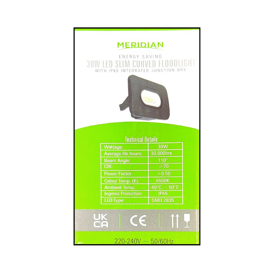 30W LED Slim Curved Floodlight with IP65 Integrated Junction Box – 2400Lm, 6500K