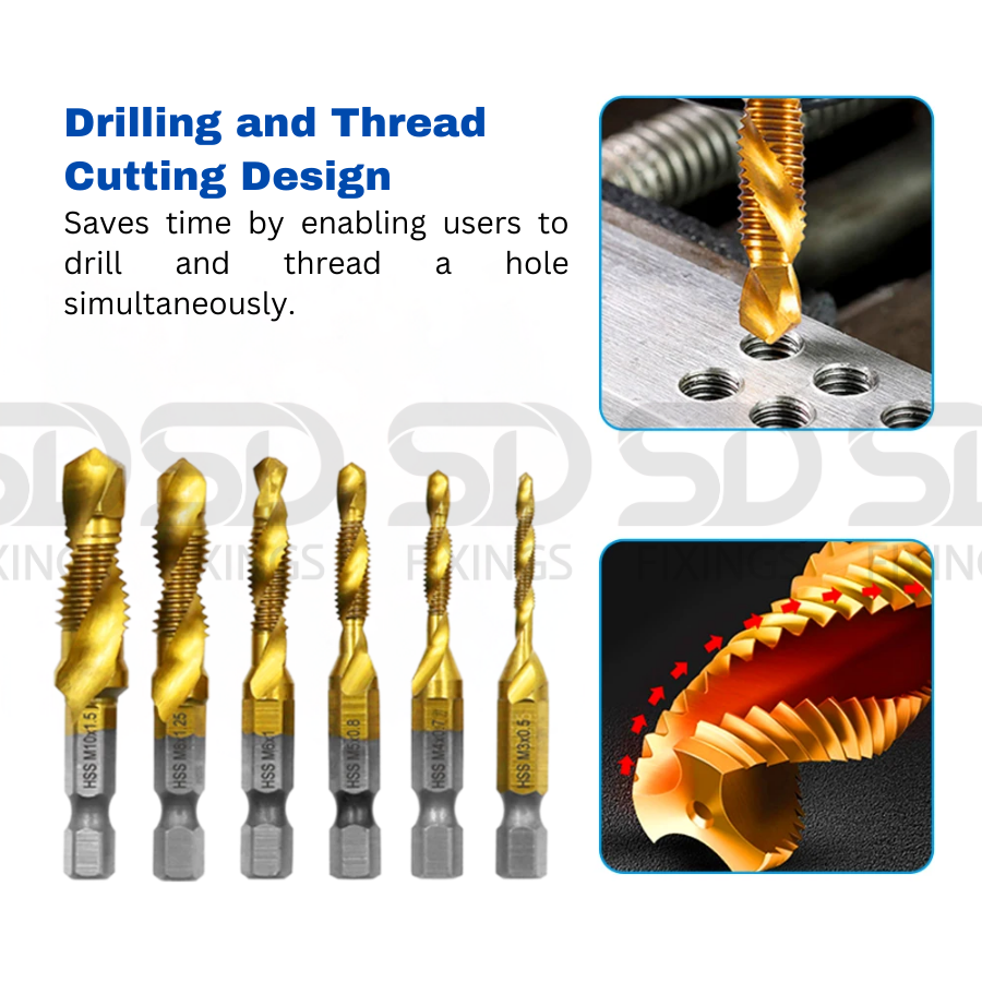 M3-M10 Spiral Tap Drill Bit Hex Shank Titanium Coated HSS
