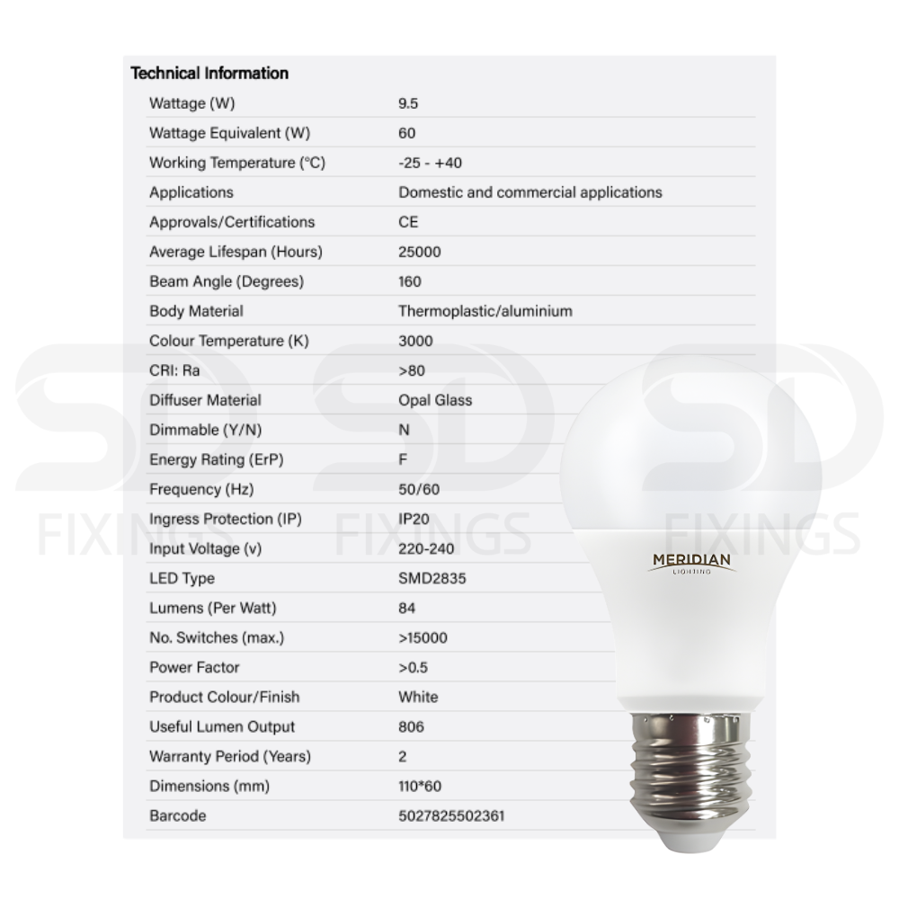 LED E27 Bulb 9.5W A60 GLS Lamp Pack of 2 60W Equivalent 3000K Warm White 806Lm Opal Energy Saving Dimmable