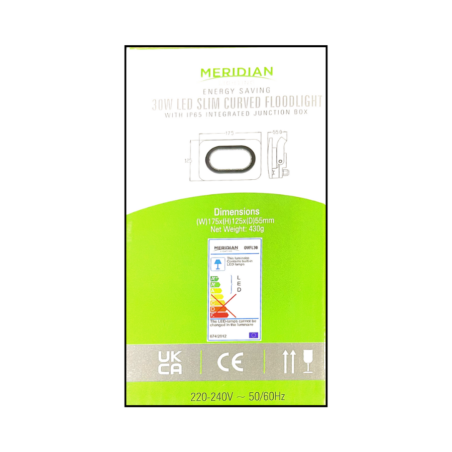 30W LED Slim Curved Floodlight with IP65 Integrated Junction Box – 2400Lm, 6500K