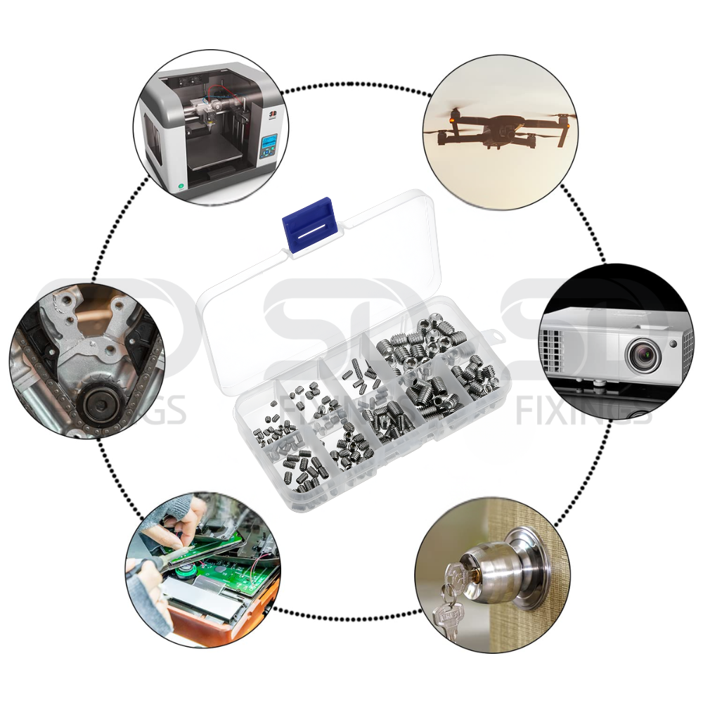 SDFIXINGS 200 Pcs Grub Screws Mixed Stainless Steel Cone Point Screws – M3, M4, M5, M6, M8 Hex Socket Thread Screw Assortment Kit with Storage Box