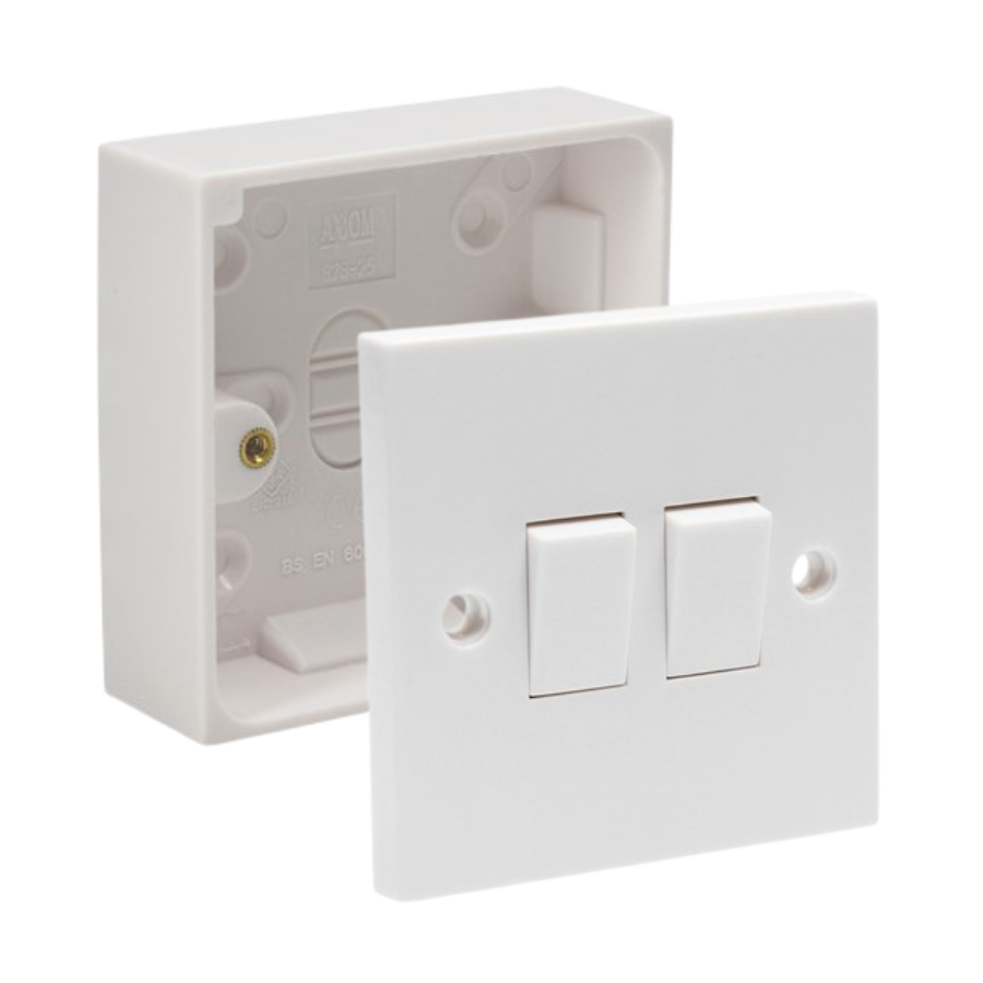 2 Gang 2 Way Single Wall Light Switch & 25mm Back Box Pattress