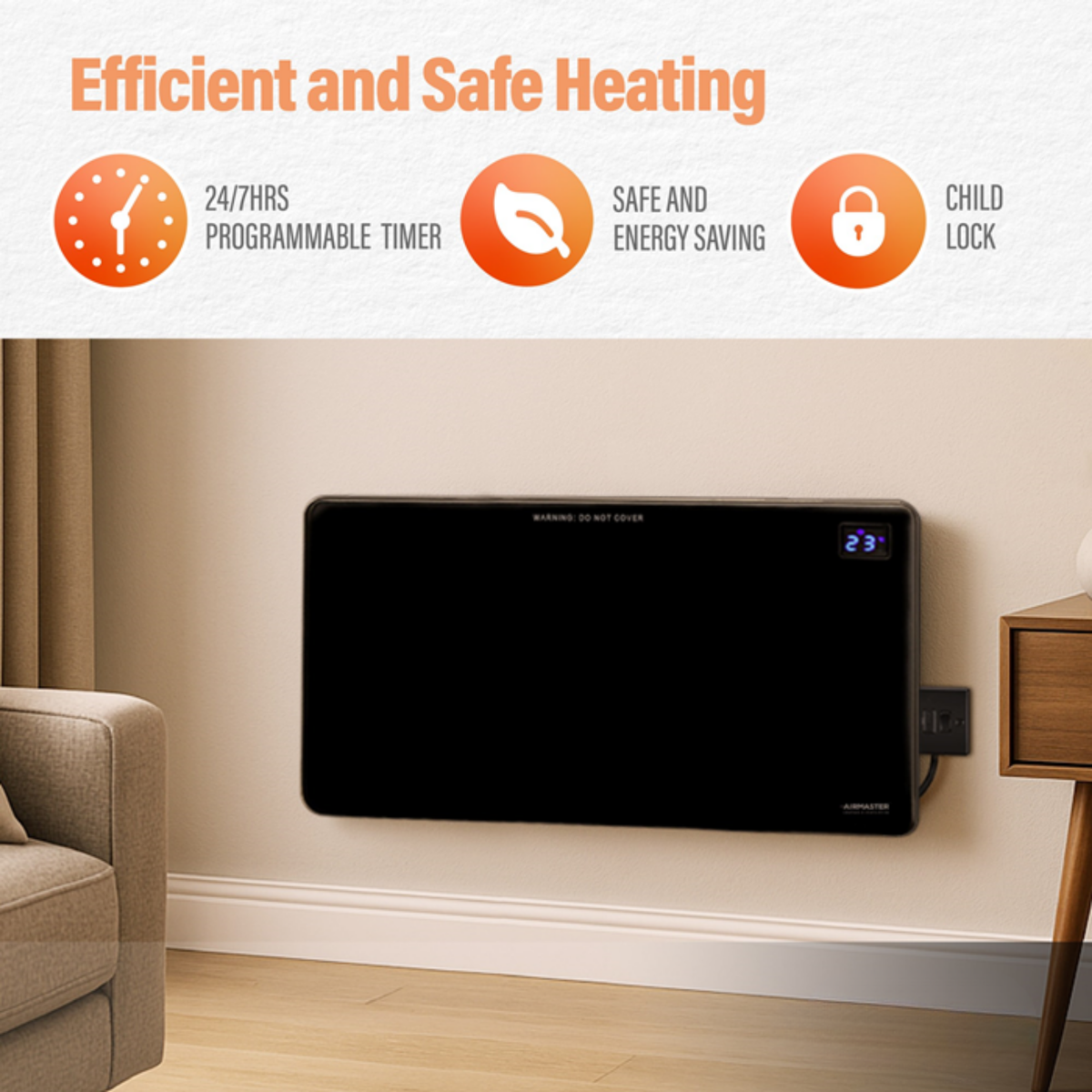 2kW Panel Heater | LCD Display & Timer Matt Black