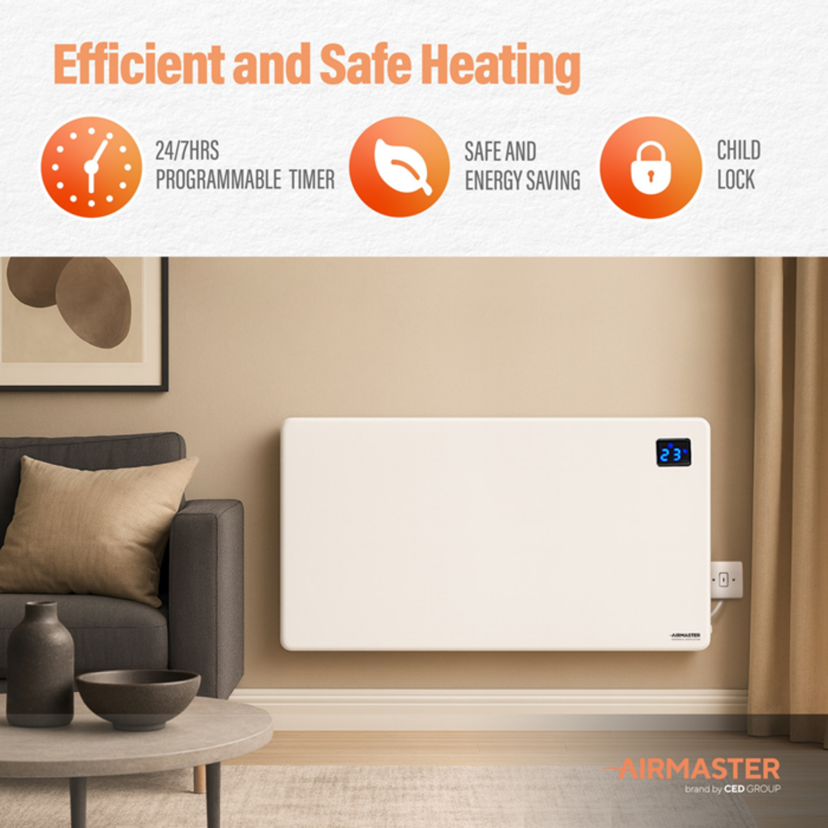 2kW Panel Heater | LCD Display & Timer Matt White