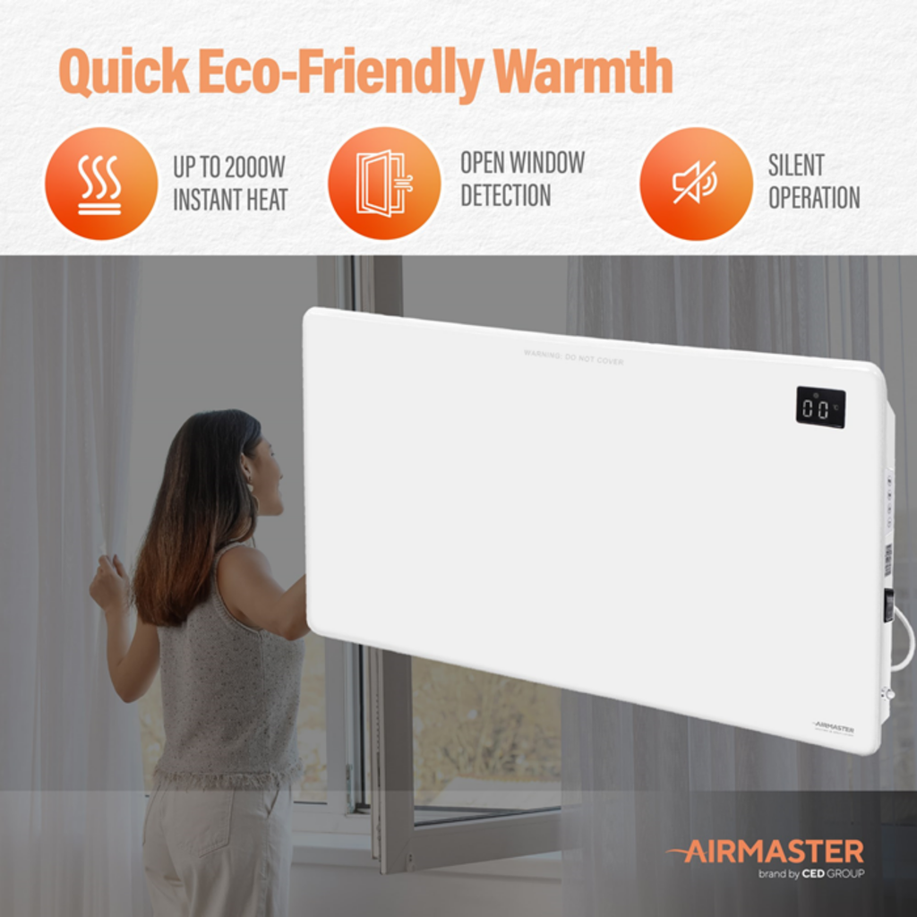 2kW Panel Heater | LCD Display & Timer Matt White