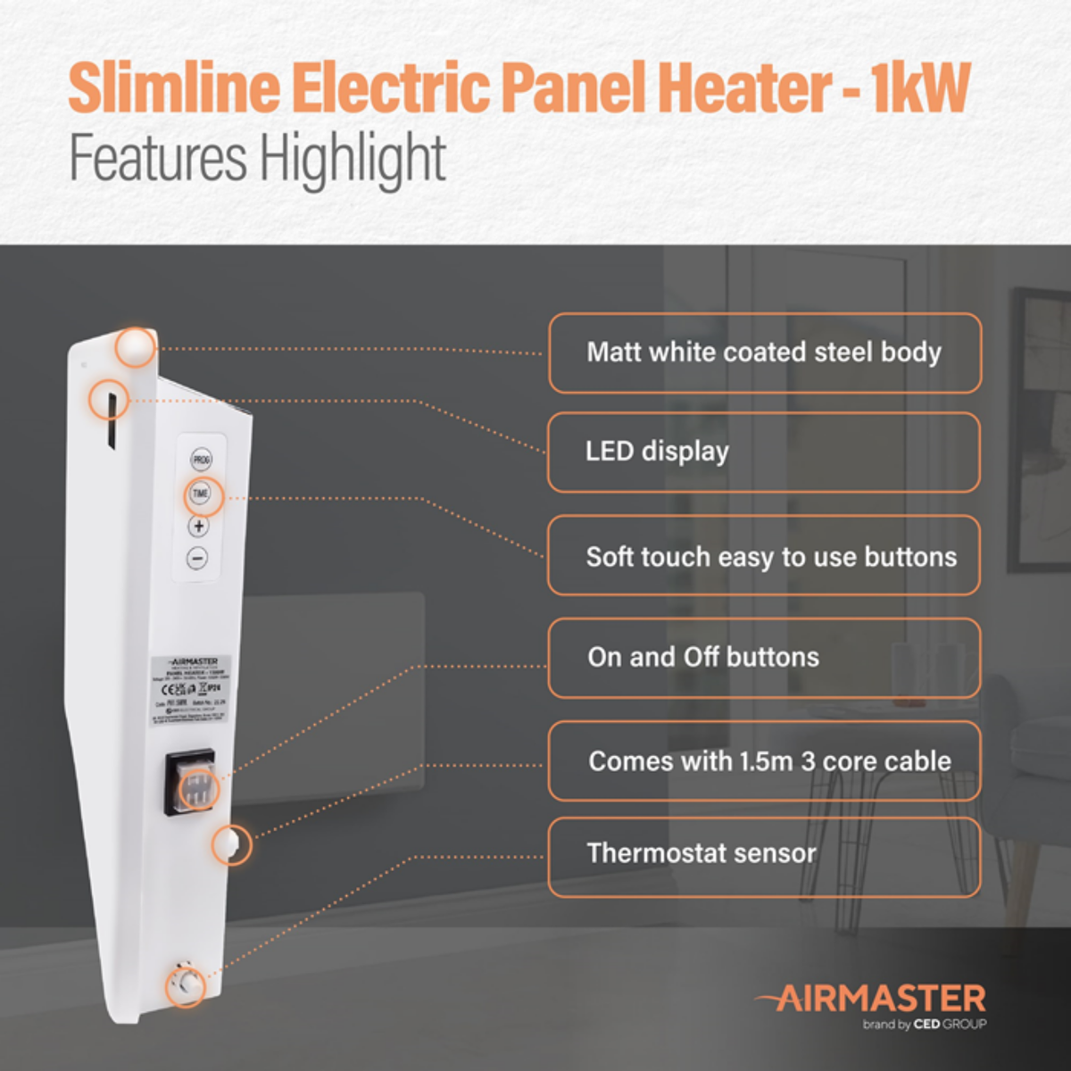 2kW Panel Heater | LCD Display & Timer Matt White