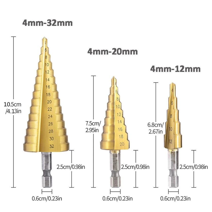 SET OF 3PCS Titanium Step Drill Bit
